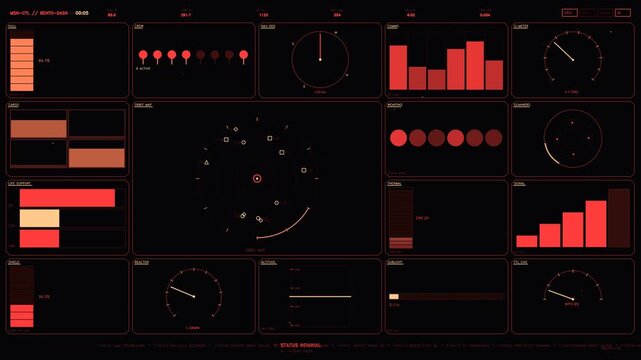 Futuristic red tactical HUD dashboard with telemetry data and orbital navigation display