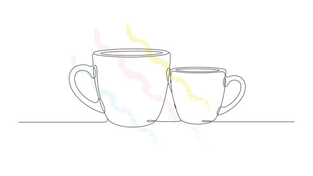 Single continuous line illustration of two steaming coffee cups side by side representing warm drinks for morning break time ritual.