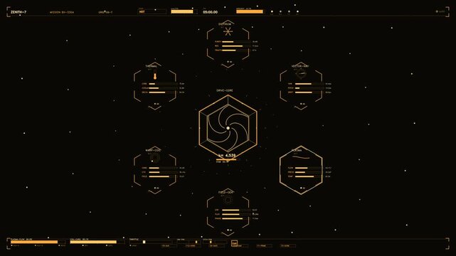 Futuristic orange HUD interface showing drive core telemetry and spacecraft navigation data on dark background