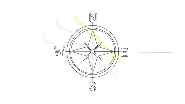Continuous line drawing of classic nautical compass rose with north south east and west cardinal directions on artistic colorful background.