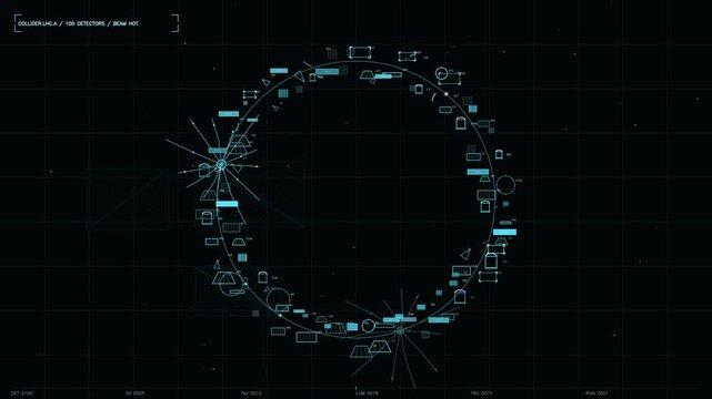 Futuristic Particle Collider HUD Interface with Cyan Technical Data Visualization and Scientific Telemetry