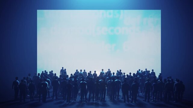 Audience watching presentation on screen displaying data programming code,