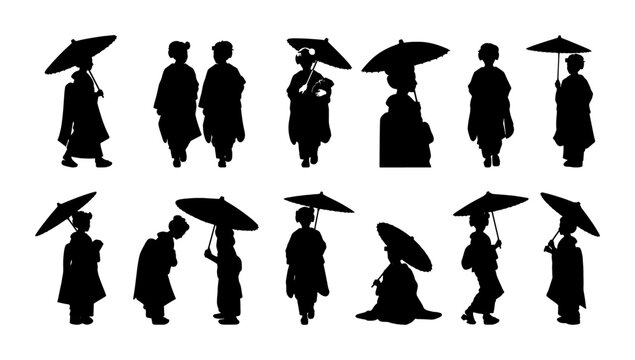 Japanese Kimono Silhouette Collection: 15 Elegant Figures with Umbrellas, Traditional Culture Icons, Vector Graphics for Design