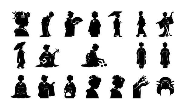 Japanese Geisha Silhouettes Collection: Traditional Kimono Figures, Elegant Poses, Cultural Icons, 25 SVG Icons for Design