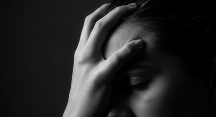 Fototapeta premium A Person's Hand Covering Forehead Showing Inner Turmoil and Deep Emotional Distress