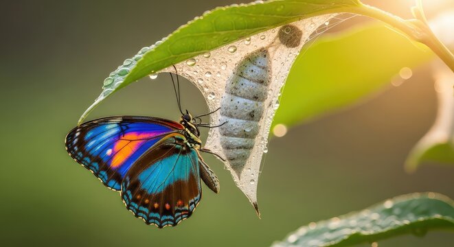 A vibrant butterfly with patterned wings rests gracefully on a silk cocoon attached to a leaf, bathed in soft golden sunlight in nature, leaf, pattern, resting