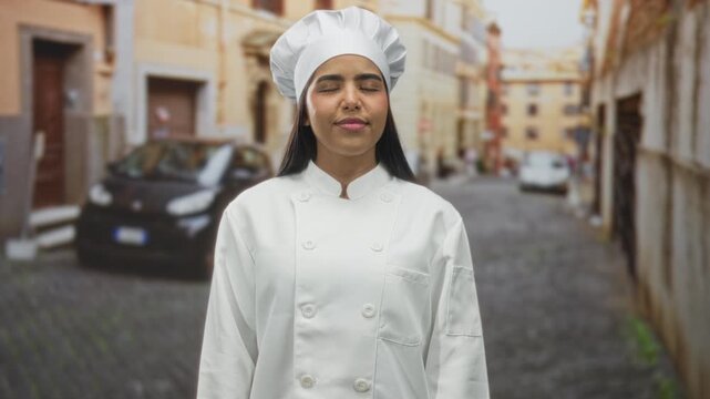 Young female chef in white uniform and toque smiles with eyes closed on a cobblestone street near parked cars and buildings; serene confidence.