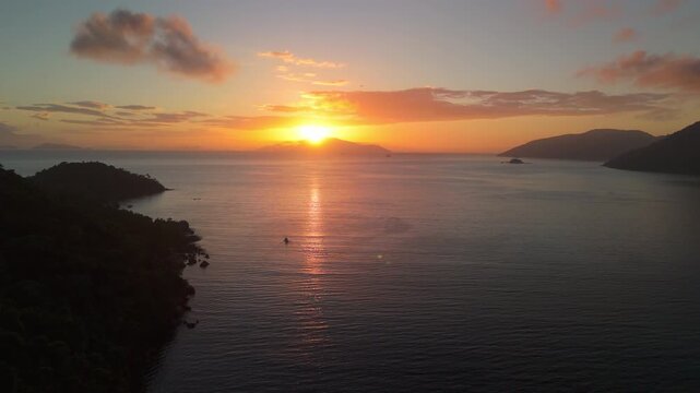 Aerial view of the island of Ilha Grande near the town of Angra dos Reis in Brazil during sunrise