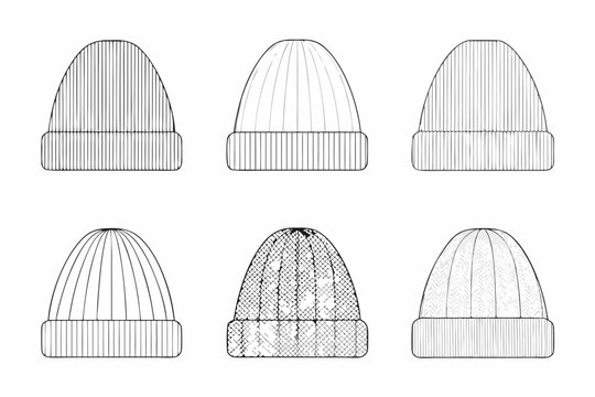 Collection of knit beanie hats line art style on white background