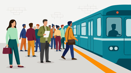 Diverse people waiting and boarding a subway train at a station platform © Artify