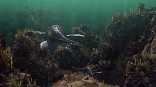 4k 3d animation of a pair of long-necked Plesiosaurs glide over a sunlit prehistoric seabed teeming with lush vegetation and ancient marine life, perfect for YouTube channels, documentaries, and educa
