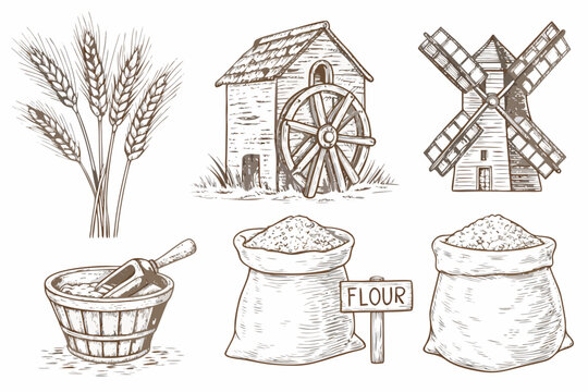 Vintage farm illustration set with wheat windmill and flour sacks