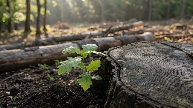 A hopeful green oak sprout grows next to a weathered tree stump, symbolizing new life in a sunlit, deforested forest, captured in a close-up.