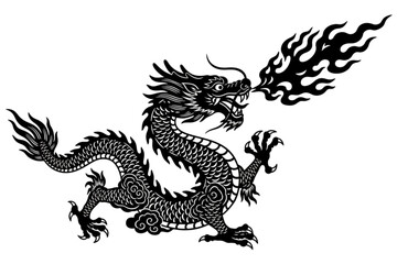 Obraz premium Mythical Dragon's fiery breath: An impressive illustration showcases a legendary dragon, its formidable form exhaling a stream of flames, embodying power and myth.