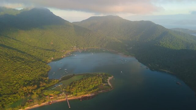 Aerial view of the calm lagoon named Saco do Ceu on the island of Ilha Grande near the town of Angra dos Reis in Brazil