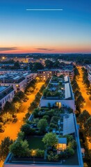 Fototapeta premium Aerial view of a peaceful urban suburb at twilight showing lush rooftop gardens, solar panels, and soft streetlights lining quiet roads, solar panels, renewable energy, green city