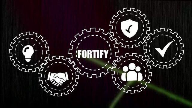 Dynamic business concept animation featuring interlocking gears and strategic representing fortify, innovation, teamwork, security, and success for corporate