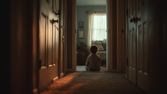 Lonely child sitting alone in hallway, symbolizing emotional neglect, sadness, childhood trauma, family struggles, isolation, mental health challenges, and vulnerability at home