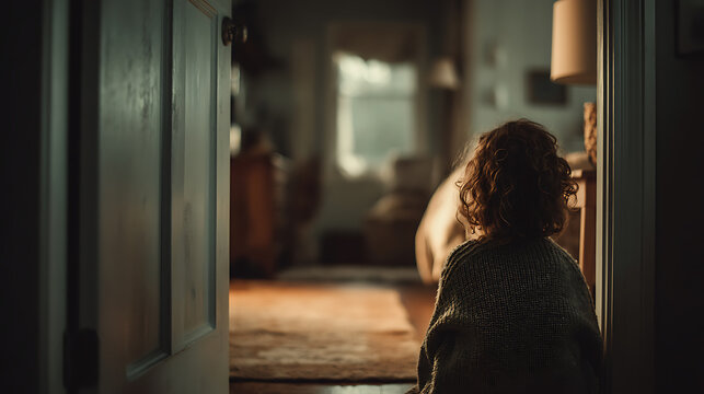 Lonely child sitting in doorway at home, symbolizing childhood anxiety, emotional neglect, mental health struggles, sadness, isolation, trauma, and vulnerable psychological wellbeing