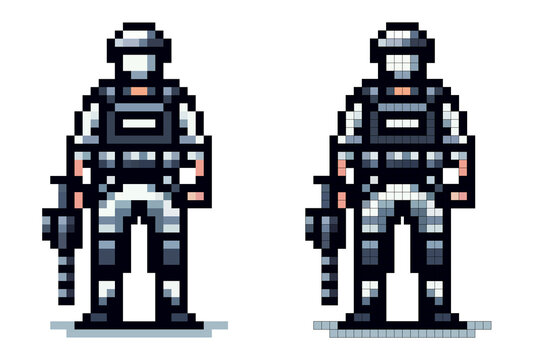 A pixel art character stands in tactical gear, holding a futuristic weapon. The digital figure displays a unique design, embodying the essence of retro gaming graphics