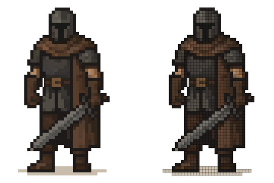 A pixel art character wearing dark armor and a cloak stands confidently, gripping a sword. The warrior is designed in a retro style, suggesting a video game theme