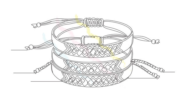 Minimalist continuous line art of stacked braided friendship bracelets with intricate patterns and soft colorful watercolor brush details.