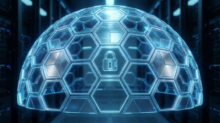 Naklejka premium Digital Cybersecurity Shield with Glowing Hexagonal Geometric Pattern
