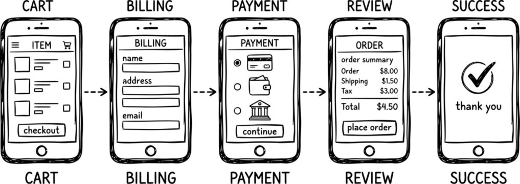hand drawn ecommerce checkout flow wireframe with cart billing payment review and success screens mobile app ui sketch in minimal black line style