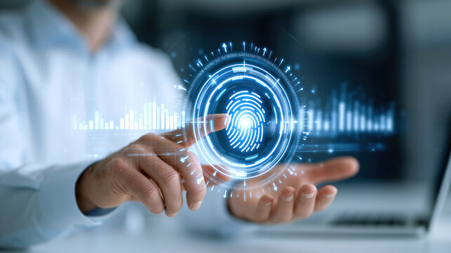 Fingerprint authentication concept with hands interacting with digital biometric scanner and data visualization