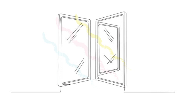 Continuous line drawing of open double doors or window panels isolated on white background with light pastel abstract colorful strokes.