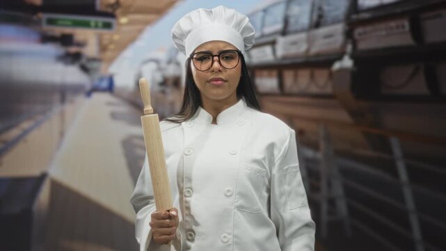 Woman chef in white coat holds a rolling pin with one hand and shows palm forward stop gesture in studio kitchen set; warning authority.