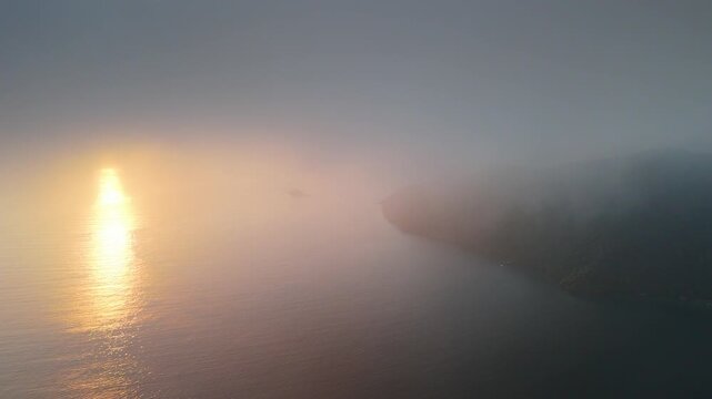 Aerial view of the island of Ilha Grande near the town of Angra dos Reis in Brazil during sunrise