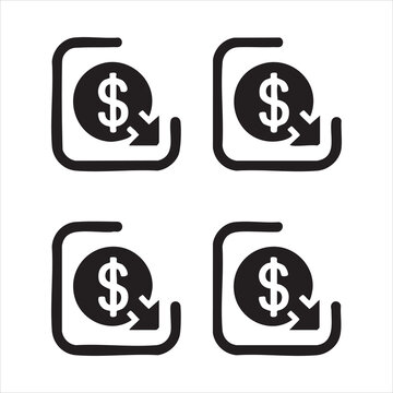 Set of four icons representing dollar coin and decrease arrow for finance concept.