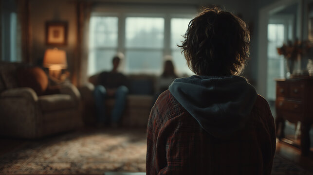 Lonely child facing distant parents at home, symbolizing emotional neglect, family conflict, childhood trauma, sadness, isolation, and mental health struggles within domestic life