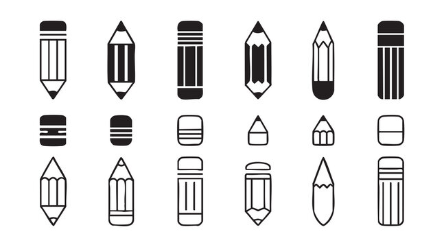Various pencil shapes and eraser tips collection hand drawn doodle set for writing and art supplies.
