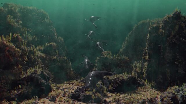 4k 3d animation of a pair of long-necked Plesiosaurs glide over a sunlit prehistoric seabed teeming with lush vegetation and ancient marine life, perfect for YouTube channels, documentaries