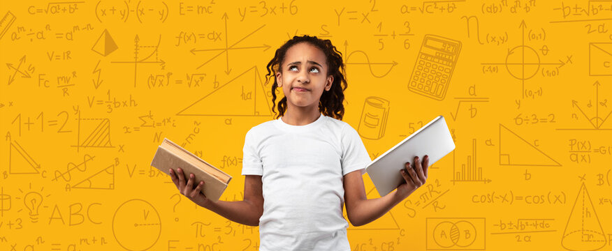 A young child stands with a book in each hand, deep in thought. The background features math and science symbols. This scene captures a moment of learning and curiosity in a study area.