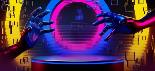 abstract backgound video game of scifi gaming cyberpunk, vr virtual reality simulation and metaverse, scene stand pedestal stage, 3d illustration rendering, futuristic neon glow room © issaronow