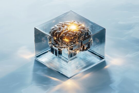 Isometric 3D render of a glowing digital brain core in a glass cube with microchips and data streams