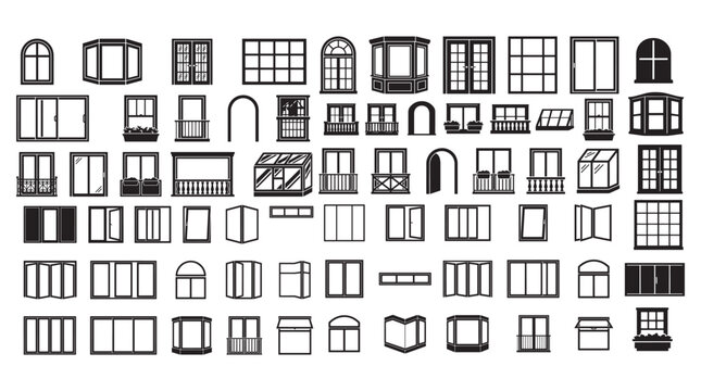 Collection of Window Icons and Architectural Window Designs Silhouette Vector Set for Building Facades