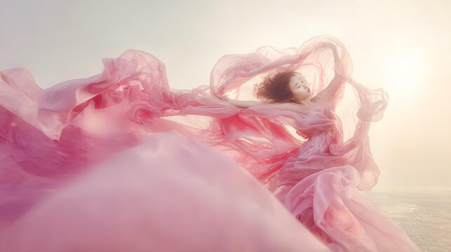 Woman in pink waving dress with flying fabric.