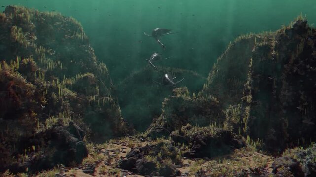 4k 3d animation of a pair of long-necked Plesiosaurs glide over a sunlit prehistoric seabed teeming with lush vegetation and ancient marine life, perfect for YouTube channels, documentaries