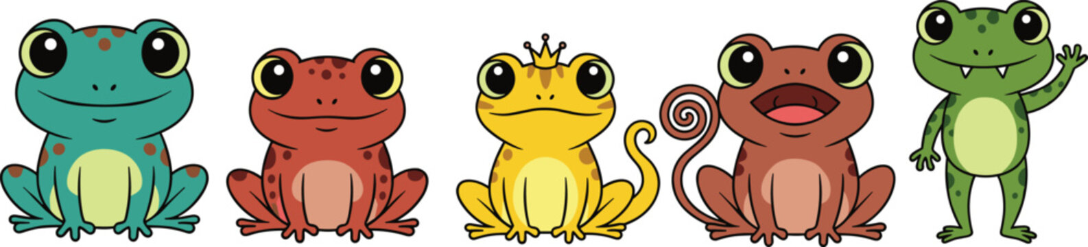 Cute frog character collection vector set with colorful cartoon amphibians and funny expressions