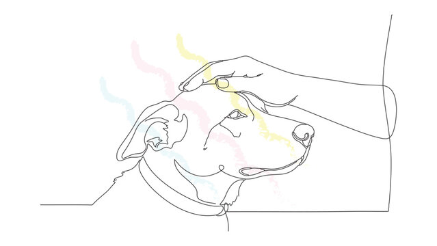 One line drawing of hand patting dog head, showing human affection and connection with loyal domestic pet.