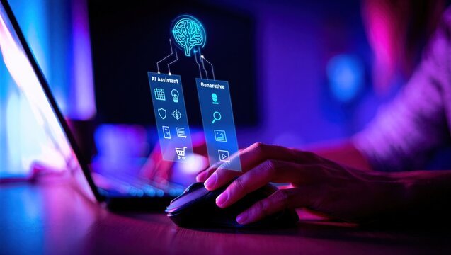 AI agent, holographic robot assistant concept, digital interface showing generative AI functions for digital business productivity, AI agent work with holographic robot interface and assistant tools
