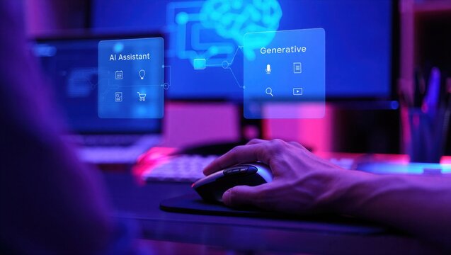 AI agent, holographic robot assistant concept, digital interface showing generative AI functions for digital business productivity, AI agent work with holographic robot interface and assistant tools