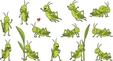 Cute grasshopper cartoon character collection vector set with funny green insect poses and playful expressions © Shabita