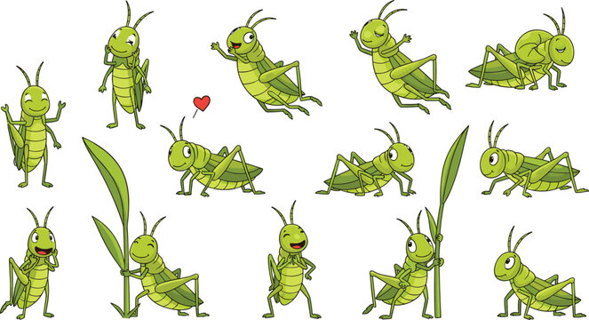 Cute grasshopper cartoon character collection vector set with funny green insect poses and playful expressions