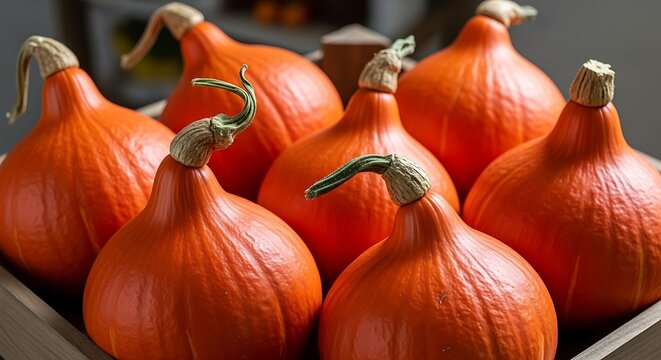 Vibrant orange pumpkins arranged in wooden crate with interesting stems