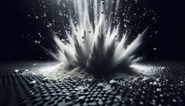 Fine white creatine powder exploding on dark gym mat